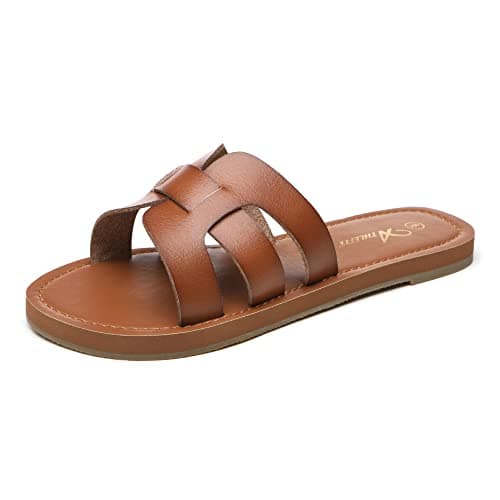 Athlefit Women's Flat Sandals Summer Casual Slip On Leather Slide Sandals Brown Size 7.5 - Image 1