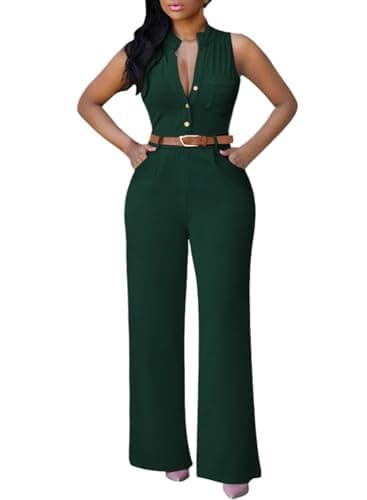 Pink Queen Women's Elegant V Neck Button Up Wide Leg Long Pants Party Cocktail Rompers Jumpsuits Dark Green 2XL - Image 1