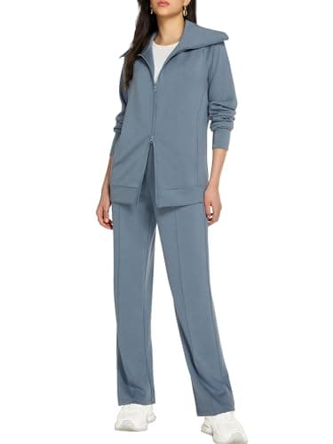 Casly Lamiit Womens Two Piece Sweatsuits Lounge Outfits 2026 Spring Travel Zip Up Sweatshirt Wide Leg Sweatpant Tracksuit Cruise Sets Blue Grey XL - Image 1