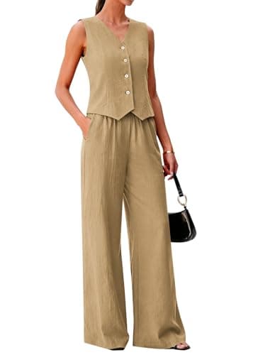 KIRUNDO Business Casual Outfits for Women Vest Tops Pant Suits Dressy 2 Piece Sets Summer Crop Blazer Wide Leg Work Pants(Khaki, Medium) - Image 1