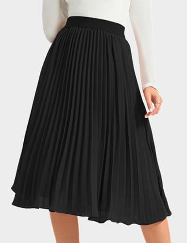 SLOWCOLIN Women's Midi Skirt Elastic High Waist Pleated Skirt Knee Length Swing A-Line Casual Flowy Skirts 2025 Black,M - Thumbnail 6