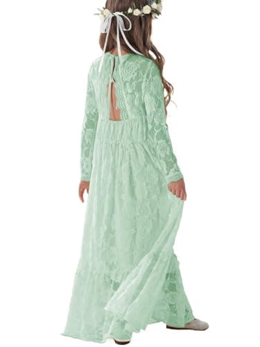 ALLOVIN Toddler & Girls Long Sleeve Lace Flower Girl Dress Maxi Boho A-Line Dress for Wedding Baptism 1st Communion | Sage Green | 10-11Y - Image 1