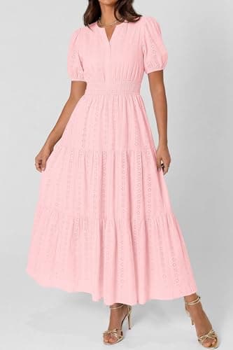 PRETTYGARDEN Womens Summer Maxi Dresses 2026 Casual Puff Sleeve V Neck Smocked Flowy Eyelet Cotton Dress Spring Sundress(Pink,XX-Large) - Thumbnail 5