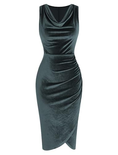 ZAFUL Wedding Guest Dresses for Women 2025 Cowl Neck Sleeveless Velvet Ruched Bodycon Cocktail Dress(Desert Blue,XL) - Image 1