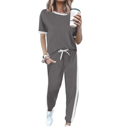 KBKBSN Women 2 Piece Outfits 2026 Summer Casual Sweatsuits Short Sleeve Top Lounge Sets Long Pants Tracksuits Set with Pocket Darkgray XXL - Image 1