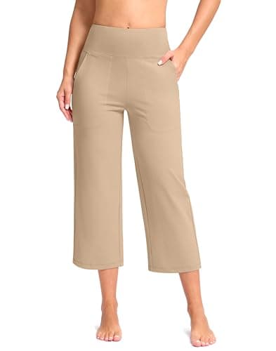 G Gradual Women's Capri Pants with Pockets High Waist Yoga Pants Wide Leg Workout Crop Summer Pants for Casual, Travel, Exercise(Khaki, Inseam 21, XXXL) - Image 1