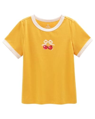 Stelle Girls Graphic Tees Short Sleeve Girls Shirts Cute Tops Crew Neck Casual Basic Summer T-Shirt for Kids Teen 4-5 Years(Cherry|Yellow,XS) - Image 1