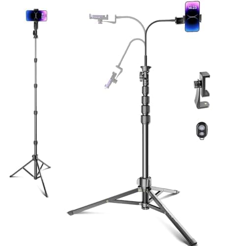 CAMBOFOTO 82" Phone Tripod Stand with Gooseneck, Remote and Phone Holder, Selfie Stick & Overhead Tripod for Recording/Cooking/Fitness/Vlog, Compatible with iPhone Android Samsung, Camera