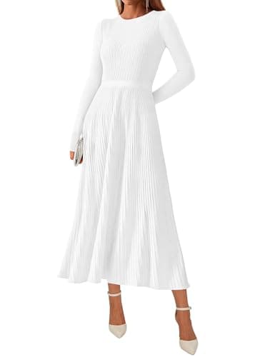 KIRUNDO Women Sweater Dress Holiday Ribbed Knit Long Sleeve Slimming Maxi Dress Fall Pleated Elegant A Line Winter Dresses(White, X-Large) - Image 1