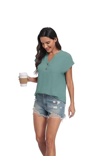 Lepunuo Womens Blouses Dressy Casual Trendy Summer Tops 2026 Formal Boho Button Down Cap Sleeve V Neck Shirts - Thumbnail 4