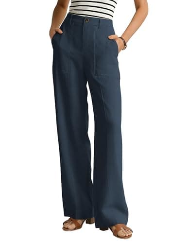 GRACE KARIN Women Linen Wide Leg Pants Casual Summer Palazzo Pants Beach Vacation Outfits Flowy Loose Trousers with Pockets Navy Blue - Image 1