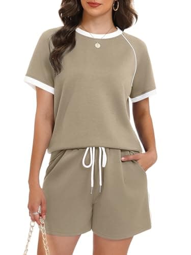 Casly Lamiit Womens 2 Piece Outfits Casual Lounge Sets Summer Short Sleeve Pulllovers Shorts Set Color Block Travel Airport Clothing Camel S - Thumbnail 2