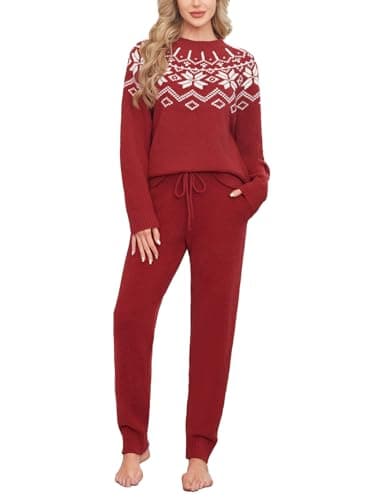 Snuggle Sac Christmas Pajamas for Women Cozy Winter 2 Piece Lounge Set Long Sleeve pjs Holiday Loungewear (Large, Red Fair Isle) - Image 1