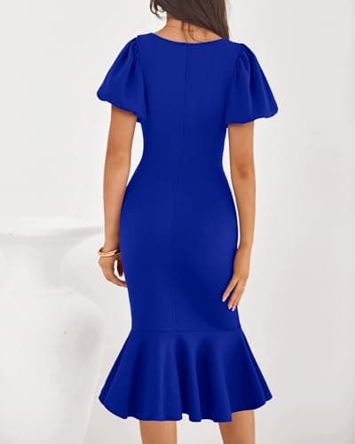BTFBM Women Formal Wedding Guest Cocktail Dresses 2026 Short Sleeve Ruffle Mermaid Work Bodycon Elegant Midi Summer Dress(Royal Blue, XX-Large) - Thumbnail 3