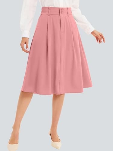 Casly Lamiit Women's Skirts Knee Length A Line Midi Skirts Work Skirt Elegant Flowy Pink XL - Thumbnail 4