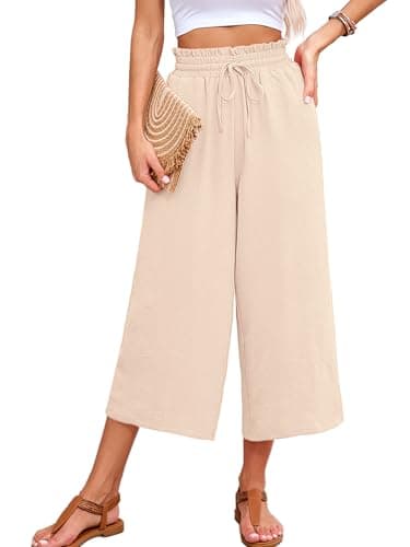 KORSIS Capri Pants for Women Wide Leg High Waisted Casual Summer Dressy Palazzo Vacation Beach Tie Belt Trousers with Pockets Ivory Large - Image 1