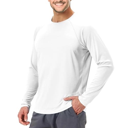 Men's UPF 50+ Swim Shirt Rash Guard Long Sleeve Quick Dry Lightweight SPF Sun Shirts for Hiking Fishing Running White L