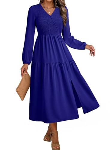 Dokotoo Casual Dresses for Women V Neck Long Sleeve Smocked Empire Waist Ruffle Tiered Swing Split Maxi Dress Fall Dresses Dark Blue X-Large - Image 1