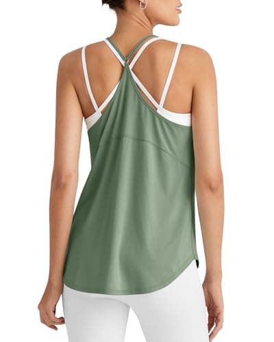 G4Free Women's Yoga Tank Tops Open Back Soft Sleeveless Workout Camisole Top Loose Fit Running Gym Racerback Tanks (Green Gray,XL) - Image 1