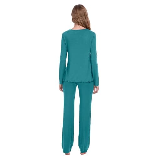 Navisting Women's Soft Knit Pajamas Set V-Neck Top and Pants Long Sleeve Two Piece Loungewear Elegant Wavy Hem Sleepwear with Color Options Teal M - Thumbnail 3