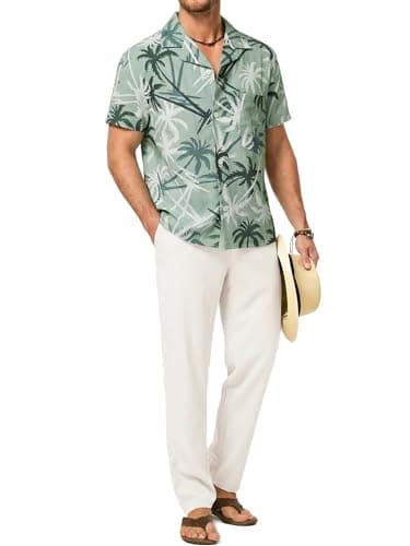 JMIERR Men 2 Piece Outfit Tropical Floral Shirt Short Sleeve Hawaiian Beach Button Down Shirt Casual Loose Pant Sets - Image 1