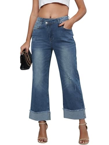 Genleck Wide Leg Cropped Jeans for Women Trendy High Waisted Crossover Boyfriend Jeans Mom Baggy Stretchy Denim (Blue, L) - Image 1