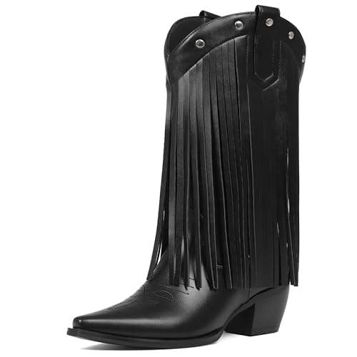 ElegaStep Women's Fringe Cowboy Boots Mid-Calf Ridding Cowgirl Boots Pull On Western Boots Balck 36 - Image 1