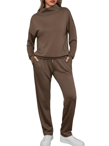 Totatuit Womens Lounge Sweatsuit Set Casual 2 Piece Winter Tracksuit Comfy Turtle Neck Pullover for Sports Wear Light Brown M - Thumbnail 2
