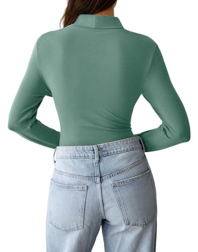 GKBK Womens Long Sleeve Shirts Mock Turtleneck Turtle Neck Fall Fashion Basic Thermal Underwear Layer Tops Tight Slim Fit Cute Ribbed T-Shirts Winter Trendy Clothes 2025 Dark Green XL - Thumbnail 3