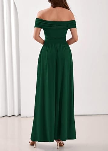 KIRUNDO Cocktail Dresses for Women 2026 Summer Off The Shoulder Ruched Pleated Long Flowy Formal Party Maxi Dresses Pockets(Dark Green, Medium) - Thumbnail 2