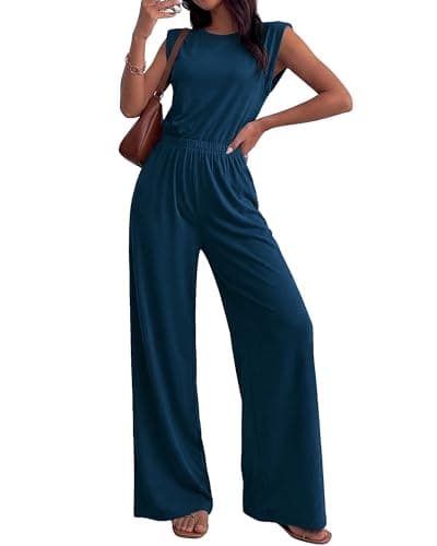 BTFBM 2 Piece Sets for Women Spring 2026 Casual Shoulder Pad Tank Top Wide Leg Pants Matching Set Travel Airport Outfits(Dark Blue, Medium) - Image 1