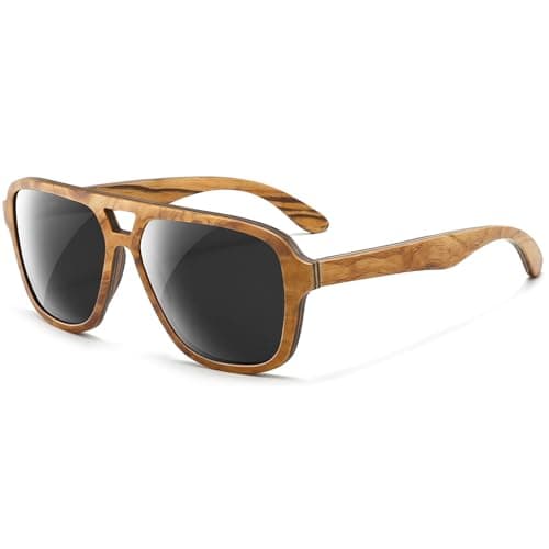 SUNAIT Light Burl/Black Oak/Zebra & Ebony/Maple Wood Sunglasses Classic Square Aviator for Men & Women HD Polarized Lens (Zebra Wood Frame/Grey Lens) - Image 1