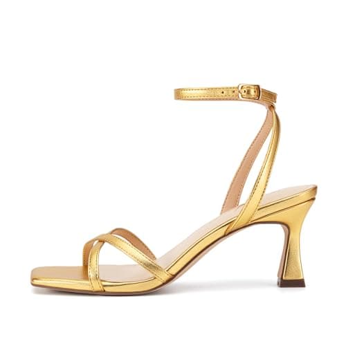 Athlefit Gold Kitten Heels for Women Square Open Toe Strappy Heeled Sandals Ankle Strap Party Dress High Heels for Prom Wedding Size 5.5 - Thumbnail 4