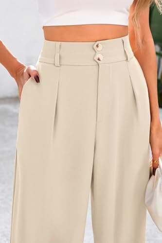 CFLONGE Women Wide Leg Dress Pants High Waist Work Trousers Button Pleated Slacks Palazzo Pants Business Casual Outfits(Beige,XX-Large) - Thumbnail 6