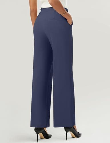 AVAMO Wide Leg Dress Pants for Women Pull On Stretchy Work Pants with Pockets High Elastic Waist Office Business Navy Blue - Thumbnail 2