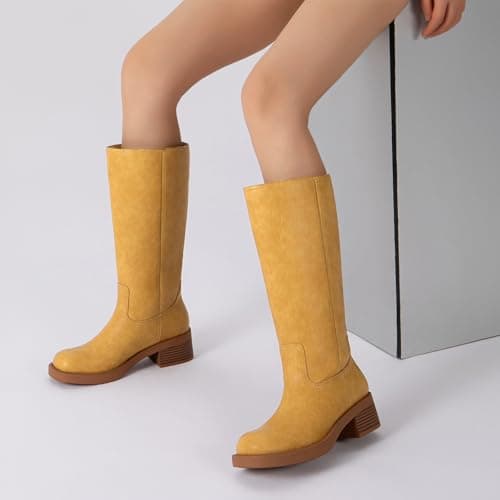 Athlefit Knee High Boots Women Square Toe Yellow Riding Boots Comfortable Slip On Chunky Block Heel Fall Booties Size 11 - Thumbnail 3