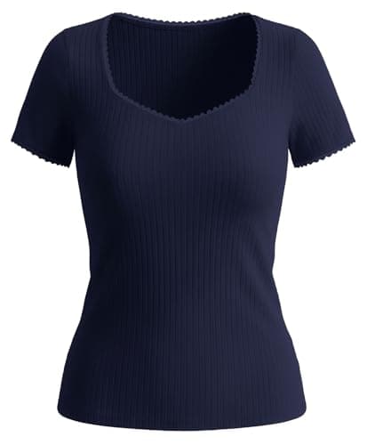 Belle Poque Women's Short Sleeve Square Neck Tops Slim Fit Ribbed Knit Basic Tee Tops Spring Summer Casual 2026 Navy Blue XXL - Image 1