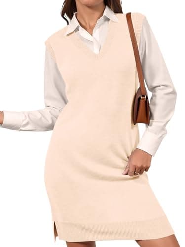 Wenrine Womens Sleeveless Sweater Vest Dress Casual Chunky Knit V Neck Loose Slit Fall Tank Midi Dresses Beige - Image 1