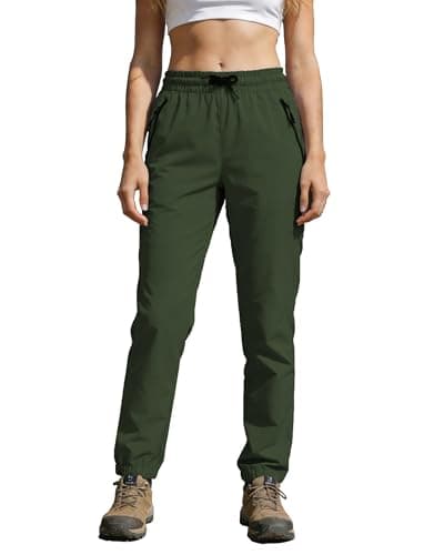 Hiking Pants Women Waterproof Quick Dry UPF 50+ Cargo Joggers Zipper Pockets Elastic Waist Drawstring Lightweight Work Casual Travel Outdoor Army Green M - Image 1