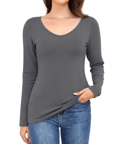 Ganado Long Sleeve Shirts for Women V Neck Thermal Shirt Layering Undershirts Plain Fitted Basic Tops (Dark Grey, X-Small) - Image 1