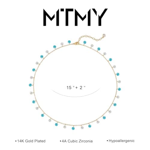 MTMY Gold Station Necklace for Women 14K Gold Plated Cubic Zirconia Cute Cross Heart Shell Teardrop Charm Station Choker Necklace Dainty CZ Chain Necklaces for Women Trendy Jewelry Gifts(Turquoise) - Thumbnail 5