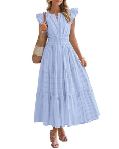 BTFBM Womens Summer Maxi Dress 2026 Spring Boho Vacation Ruffle Flutter Short Sleeve A Line Tiered Flowy Dresses Pockets(Light Blue, X-Large) - Image 1