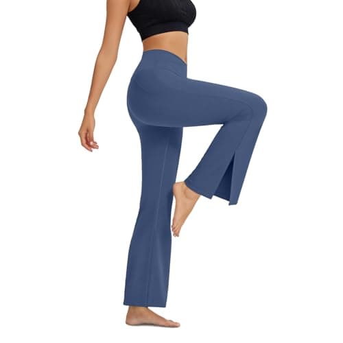 AMLEER Women's V Waist Side Split Wide Leg Yoga Leggings - High Waisted Crossover Stretchy Workout Flare Yoga Pants（Pigeon Feather, Small Grayish Blue - Thumbnail 2