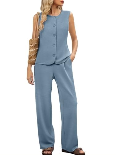 Casly Lamiit Womens Sets 2 Piece Outfits Summer Casual Lounge Travel Airport Clothes Matching Set Crew Neck Vest Waistcoat Wide Leg Pants Blue Grey 2XL - Image 1