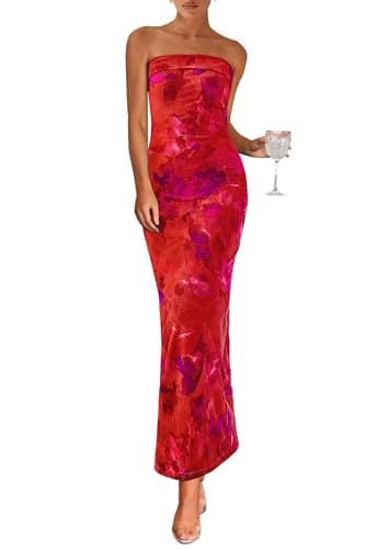 PRETTYGARDEN Womens Summer Printed Tube Maxi Dress Strapless Bodycon Sleeveless Long Beach Vacation Dresses (Floral Rust Red,X-Large) - Image 1