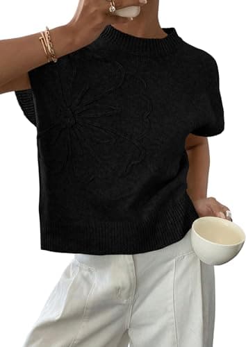 PRETTYGARDEN Women's 2026 Spring Sweater Vest Trendy Flower Knit Short Sleeve Cute Pullover Tank Tops Summer Fashion Clothing (Black,Medium) - Image 1