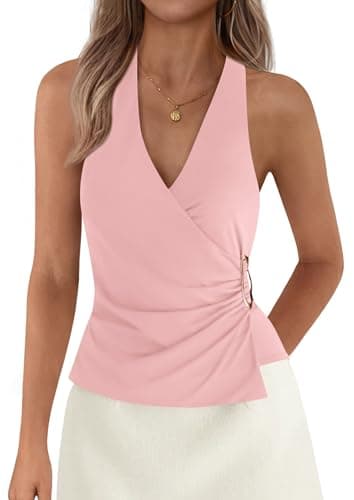 PRETTYGARDEN Womens Halter Top 2026 Spring Tie Wrap Sleeveless Ruched V Neck Fitted Summer Tops Backless Fashion Y2k Clothes (Pink,Small) - Image 1