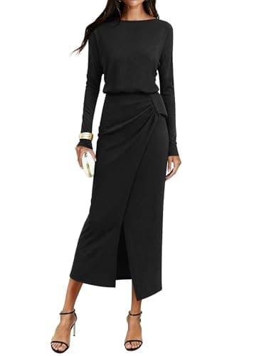 KIRUNDO Women’s Cocktail Wedding Guest Maxi Dress Lightweight Long Sleeve Boat Neck Knit Ruched Slit Slimming Dresses(Black, X-Large) - Image 1