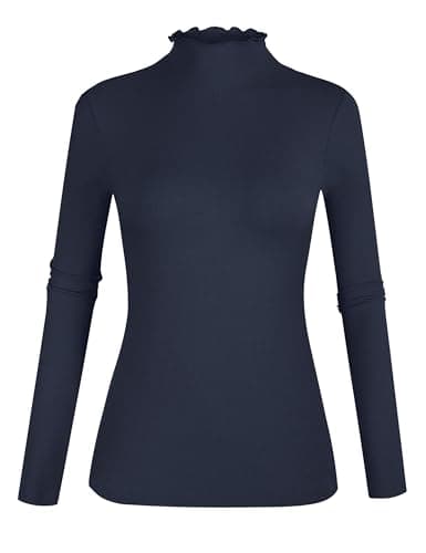 POPZONE Women's Lettuce Trim Mockneck Long Sleeve Slim Fit Ribbed Knit Tee Shirt (Navy, X-Large) - Image 1