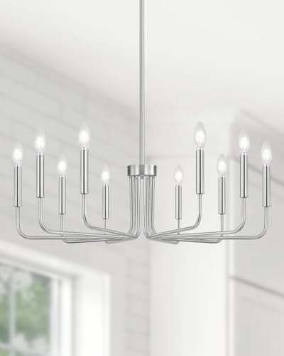 Yunnix 10 Light Brushed Nickel Chandelier, 33" Extra Large Modern Farmhouse Hanging Fixture - Sleek Silver Chandelier Dining Room Light for Kitchen Island, Living Room, Hall, Foyer - Image 1